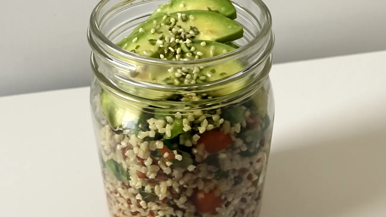 Salade de quinoa aux graines de chanvre et avocat en bocal Mason"